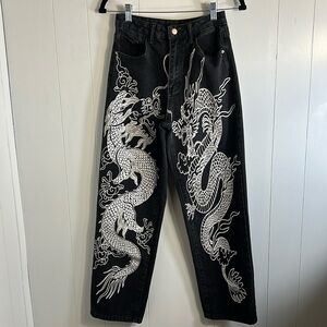 NWOT High Waist Dragon Print Black Jeans Women Size XS
